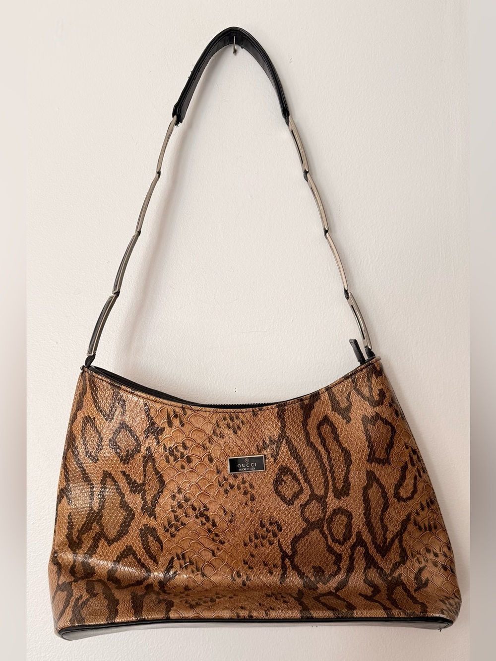 Designer-Inspired Tan and Dark Brown Snake-Print Shoulder Bag